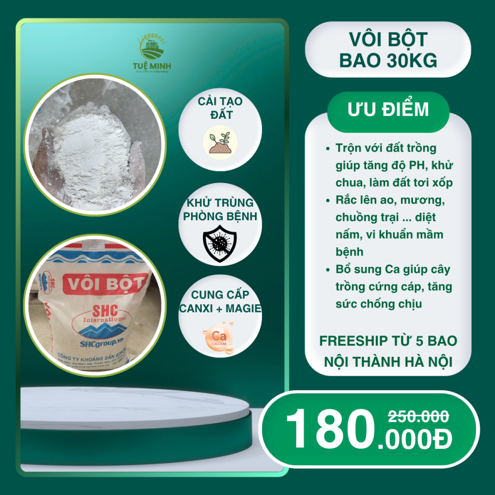 1 bao 30kg Vôi bột nông nghiệp đã qua xử lý dùng để khử chua, diệt nấm bệnh, xử lý giá thể 1 bao 30kg Vôi bột nông nghiệp đã qua xử lý dùng để khử chua, diệt nấm bệnh, xử lý giá thể