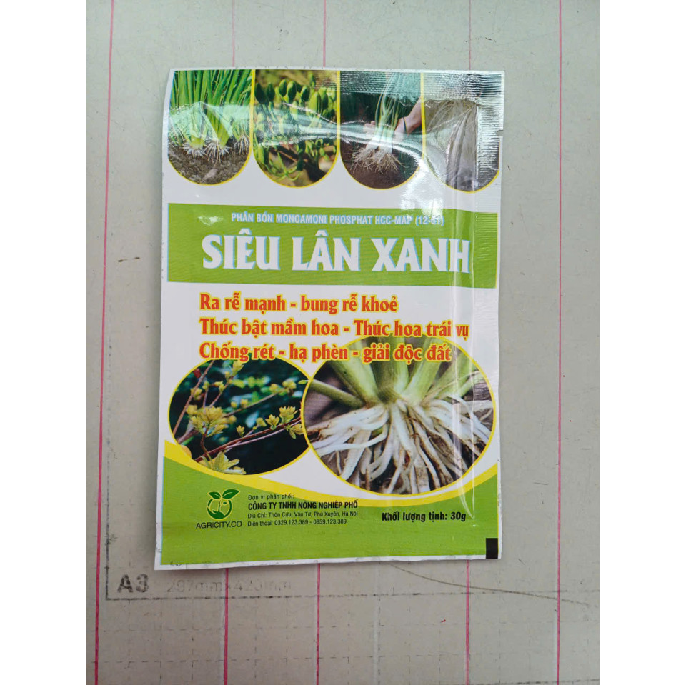 Phân Bón Siêu Lân Xanh gói 30gr phân bón siêu kích rễ, mập mầm, nhiều hoa